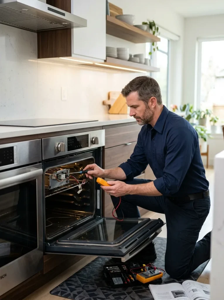 Expert Technician Repairing Built-in Oven in Dubai